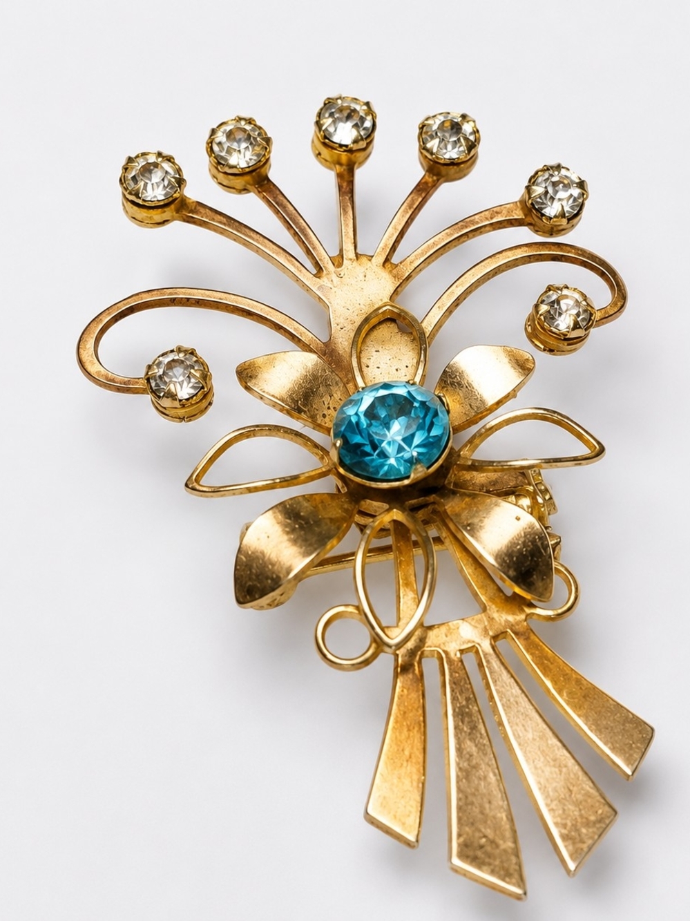 Vintage Atomic Starburst Flower Brooch Gold Tone Blue Rhinestone Mid Century Mod